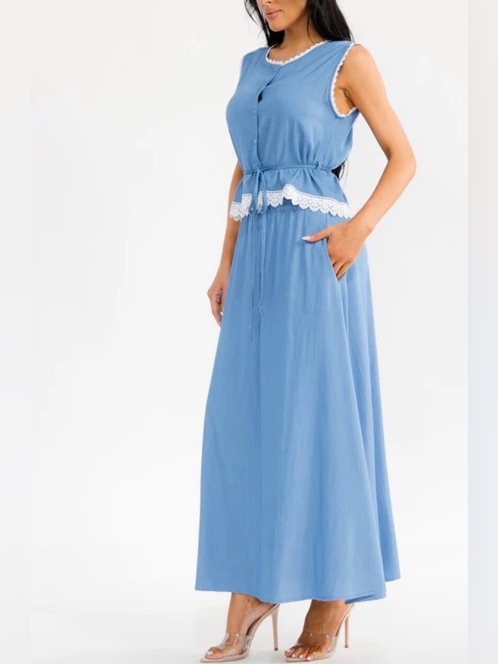 0251.  Sleeveless Blue Lace-Trim Top & Maxi Skirt